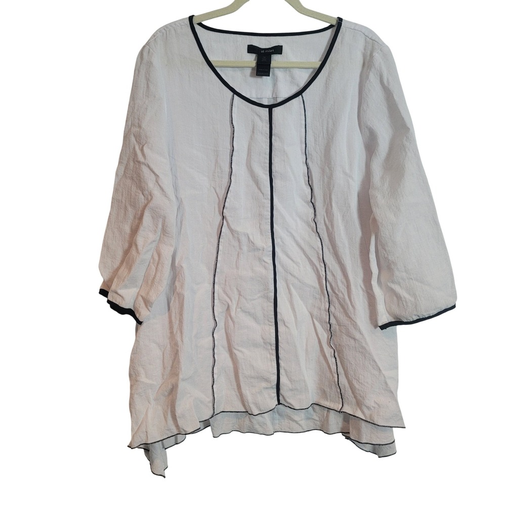 Ali Miles Womens 1X White Black Contrast Tunic 3/4‎ Sleeve Sharkbite Hem READ